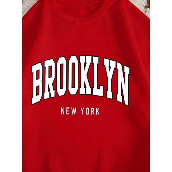 ⚡Women Red Brooklyn Imported Graphic Crewneck Long Sleeve Pullover Sweatshirt - Picture 5 of 5